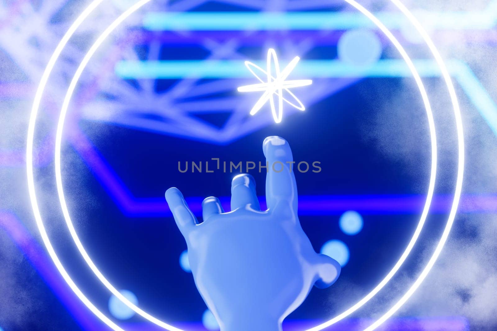 View of a Cyborg robot hand on a city glowing background 3d rendering for Artificial intelligence background concept.