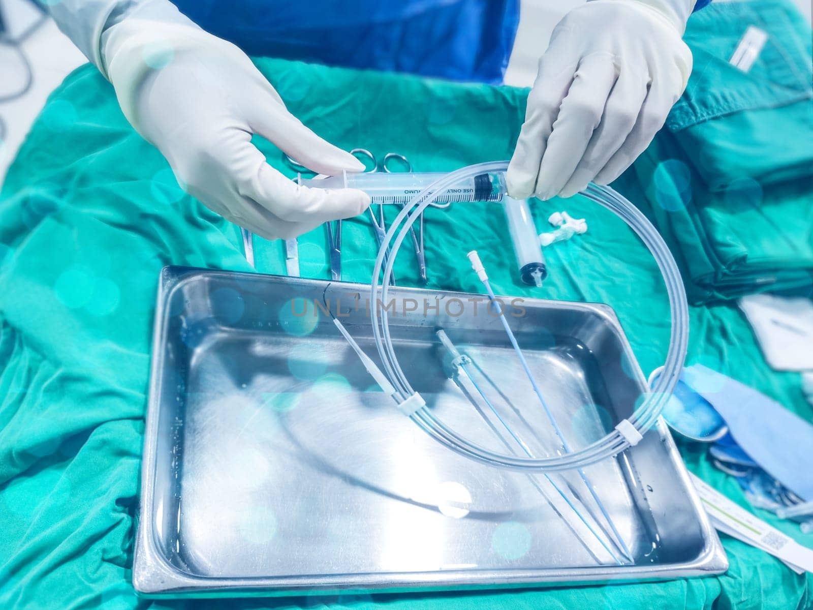 The nurse prepare guidewire for Medical material for surgical intervention packaging and sterile by samunella