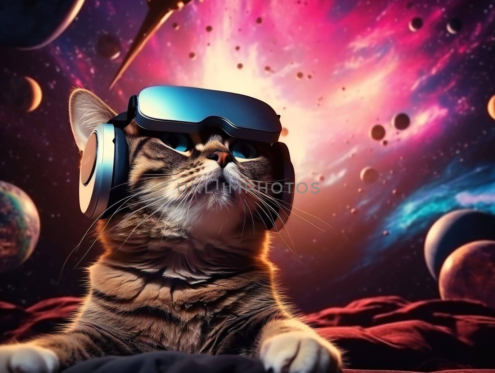 Cat wearing virtual reality goggles wireless headset. VR videogame experience futuristic aesthetics.