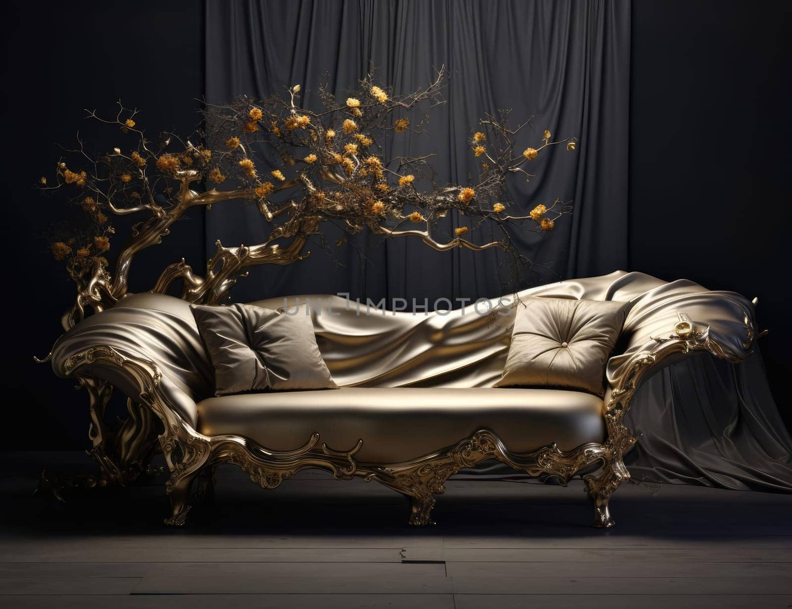 Beautiful sofa and golden wood in the interior