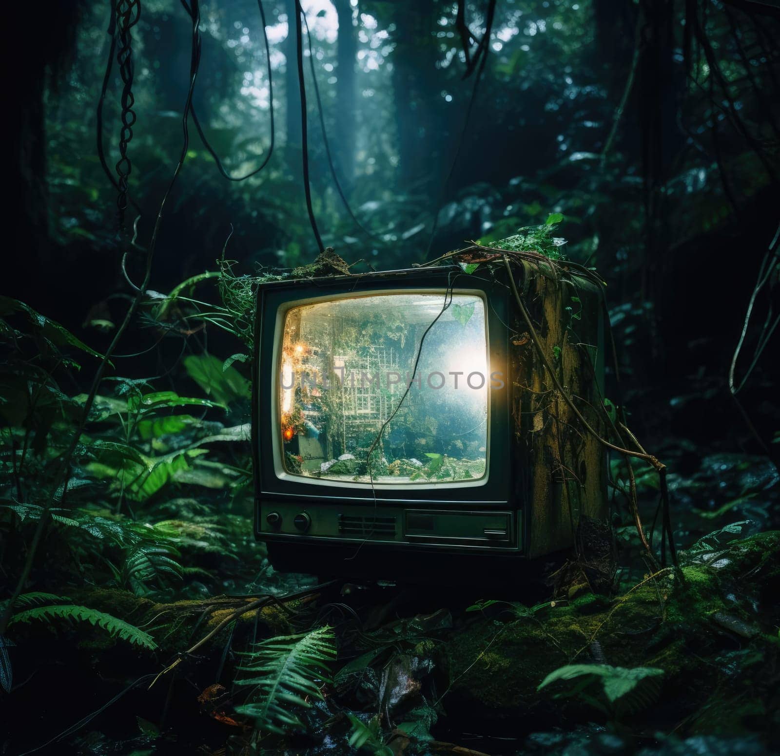 An old TV turned on in the green jungle