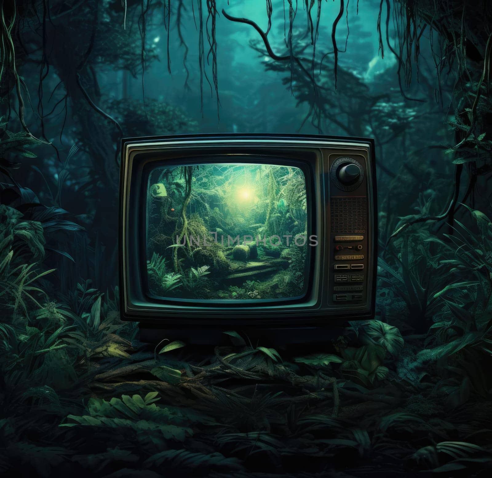 An old TV turned on in the green jungle