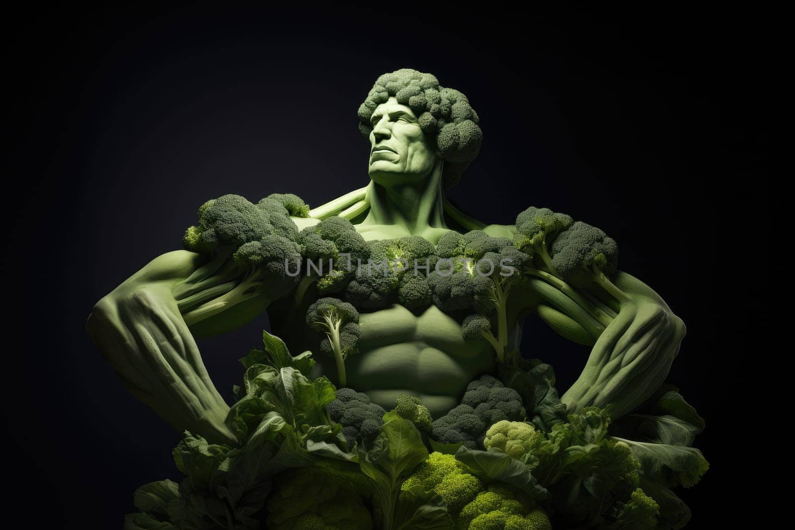 Creative sculpture of bodybuilder man made of broccoli. Healthy eating concept, muscle body. Nutrient whole food by troyan