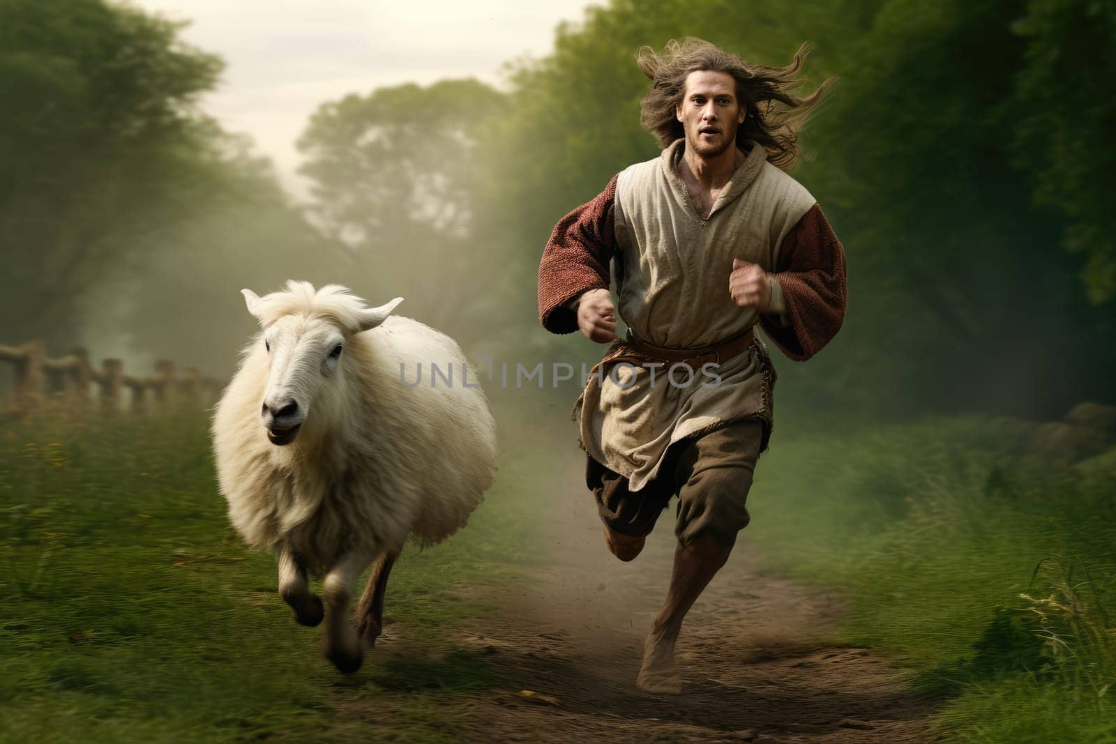 Man Jesus reaching out to a lost sheep. Religious theme concept by troyan