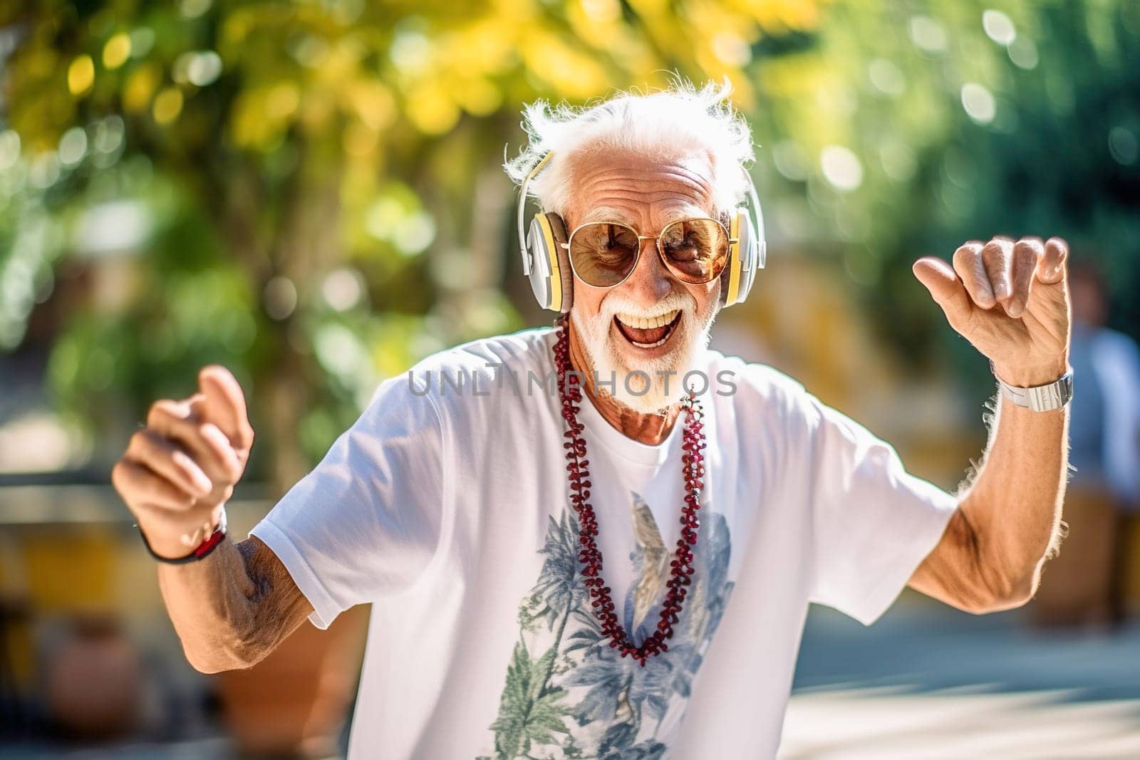 Happy pensioner dancing with headphones. High quality photo