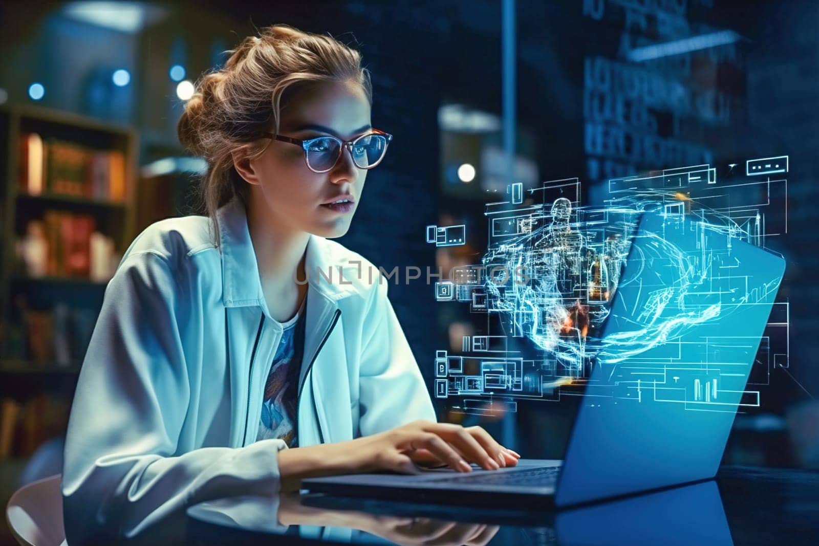 Woman at laptop, with cyber security hologram. by Yurich32