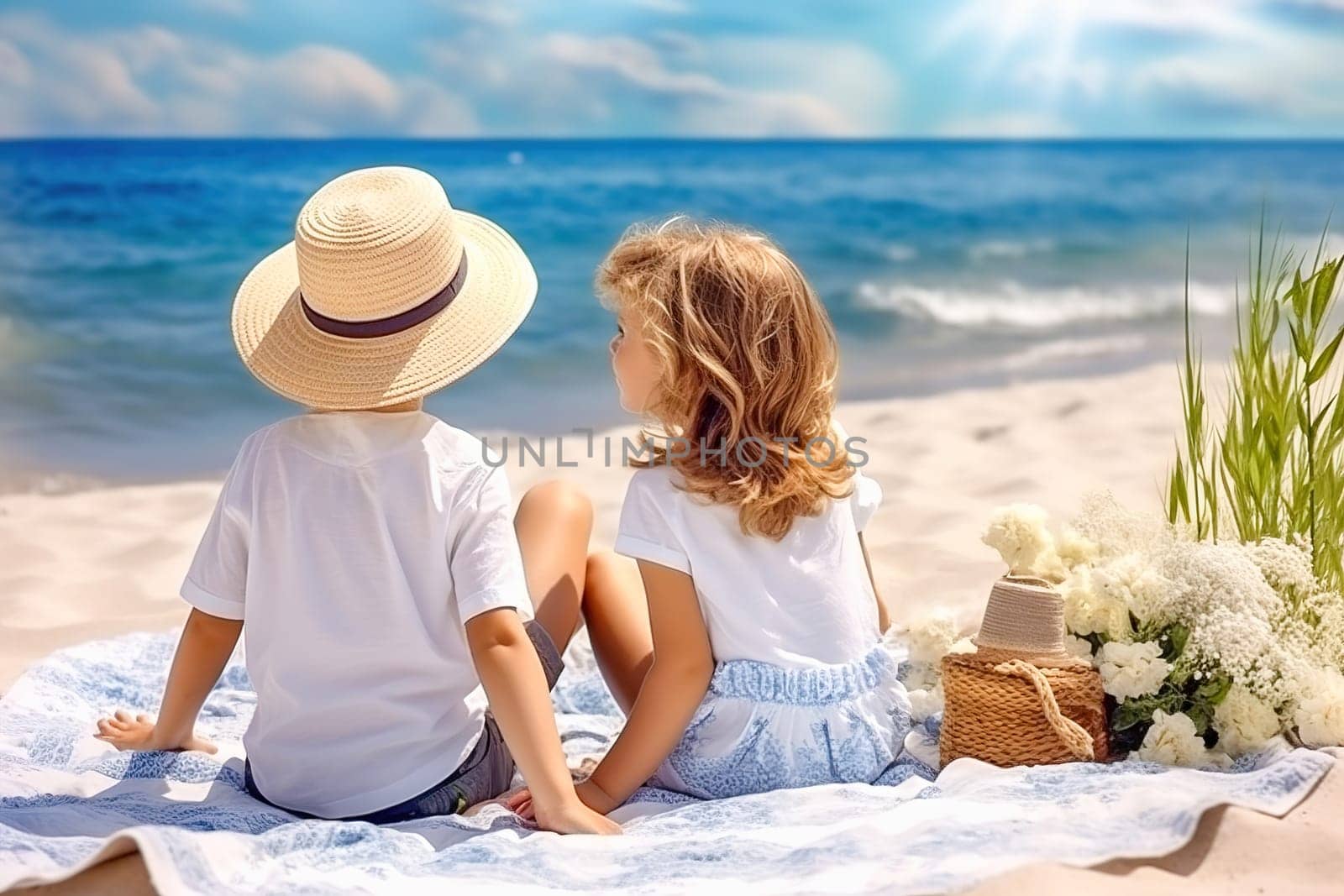 Children sitting by the sea on a picnic. by Yurich32