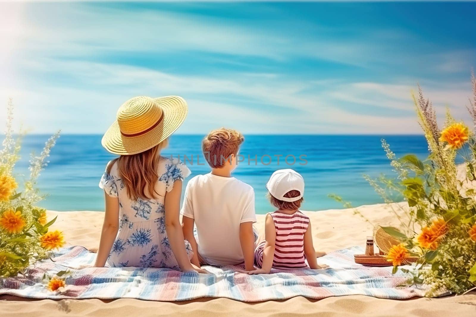 Children sitting by the sea on a picnic. High quality photo