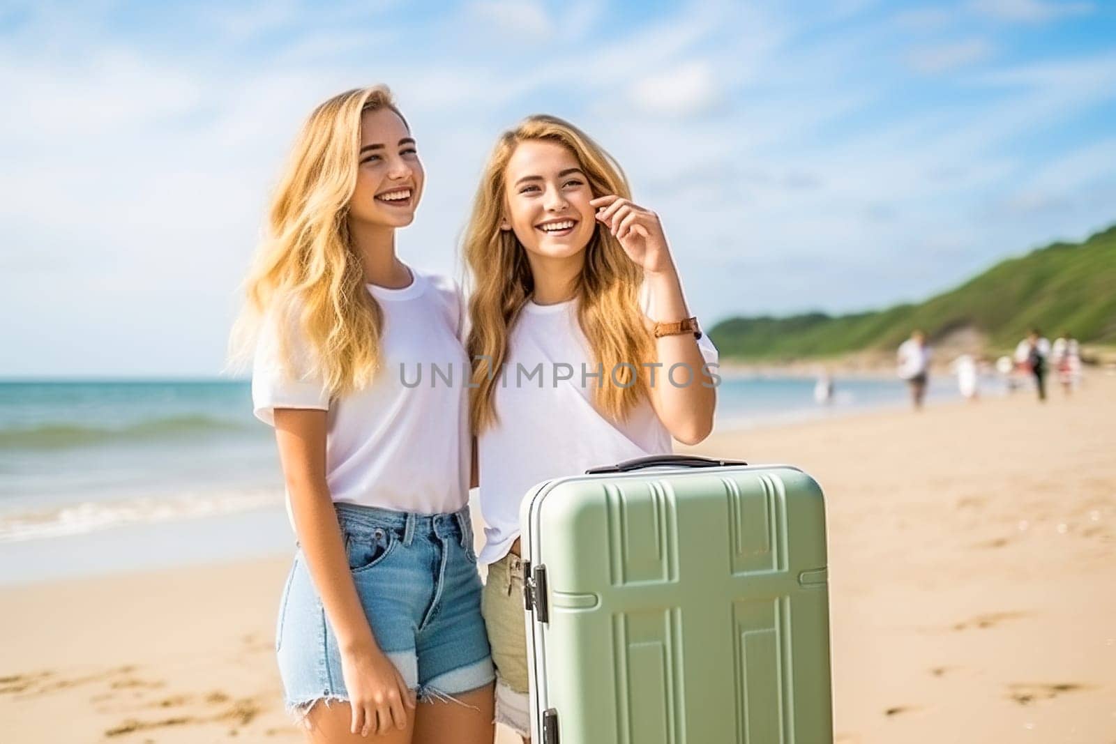 Portrait of happy girls by the sea with a suitcase. The concept of travel and leisure. by Yurich32