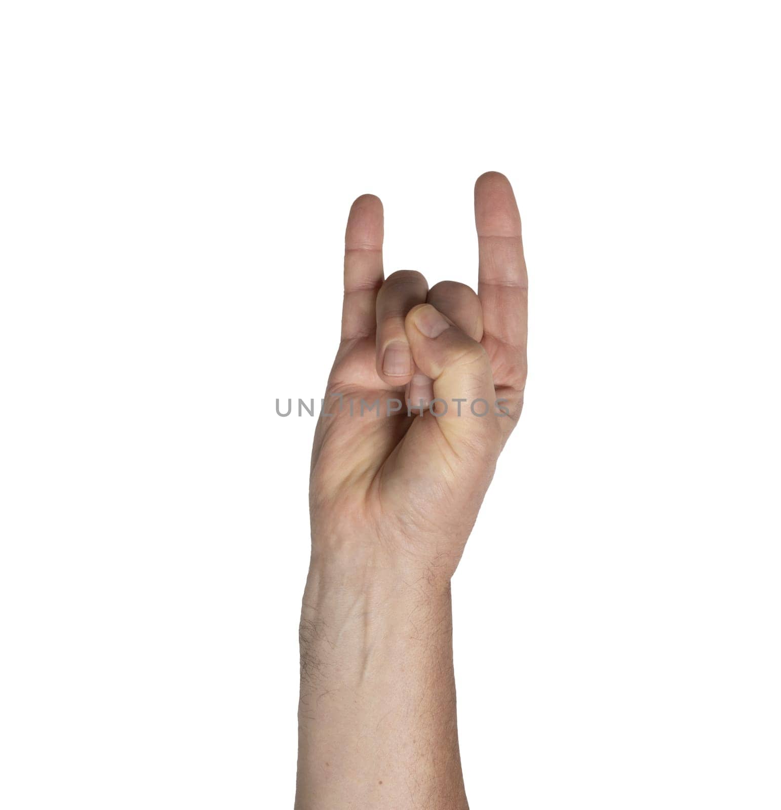 a man's hand makes horns on a transparent background