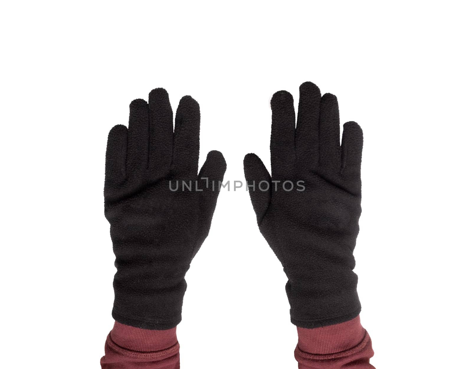 two hands with black gloves worn on a transparent background