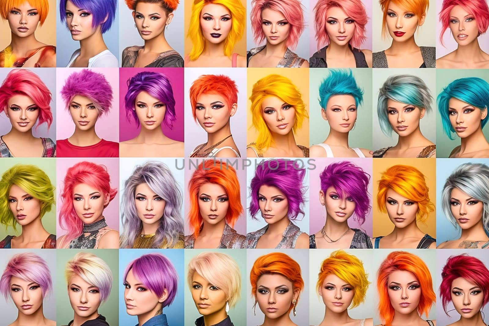 Catalog with examples of women's haircuts and coloring. High quality illustration