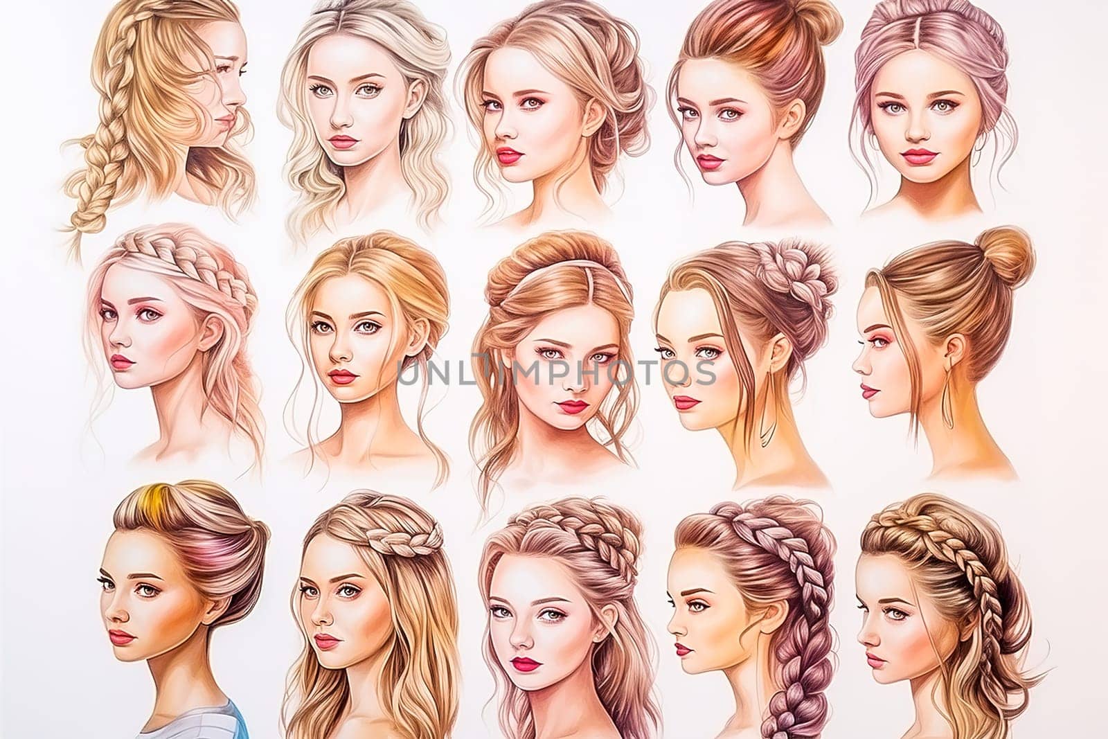 Catalog with examples of women's haircuts and coloring. High quality illustration
