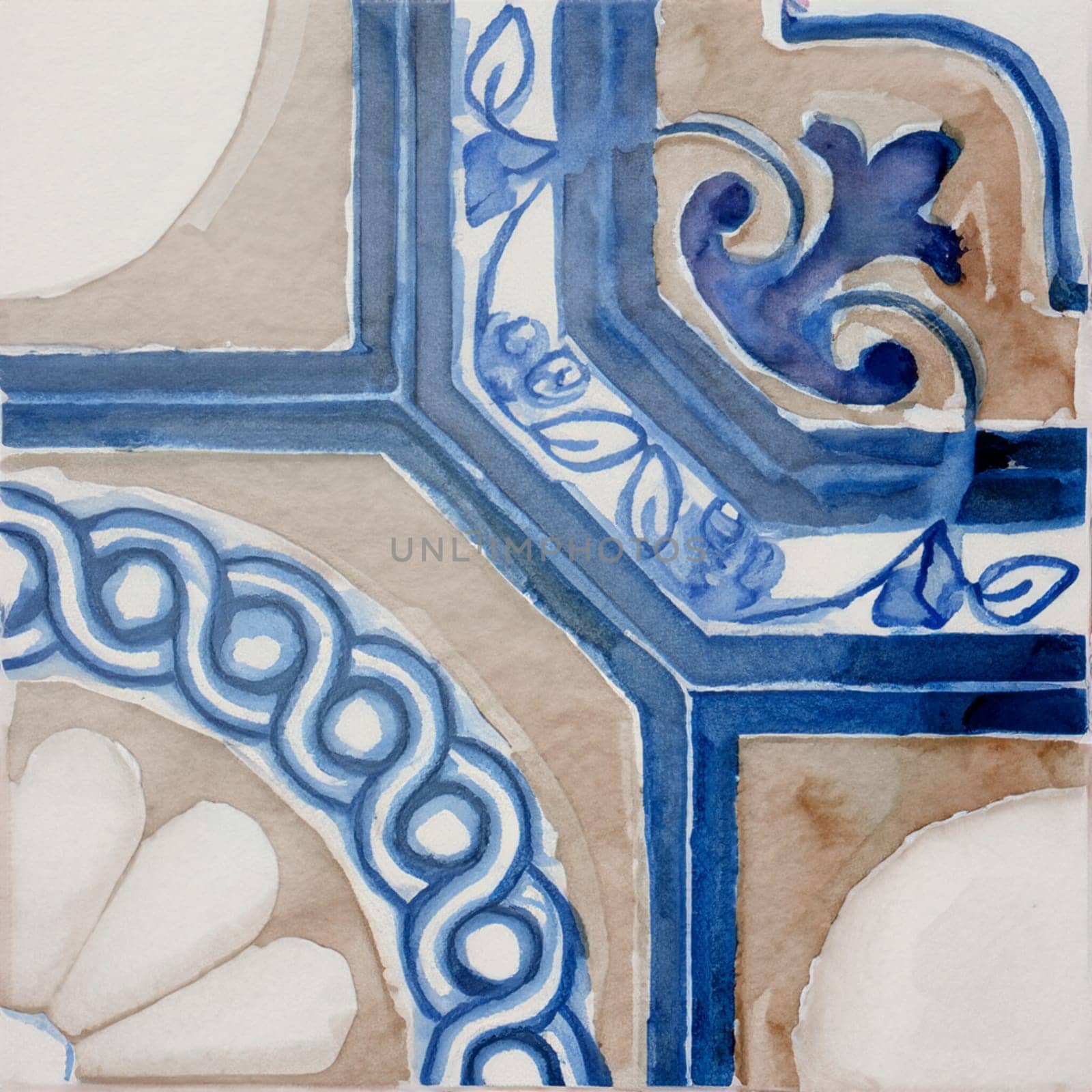 Watercolor illustration of portuguese ceramic tiles pattern by homydesign