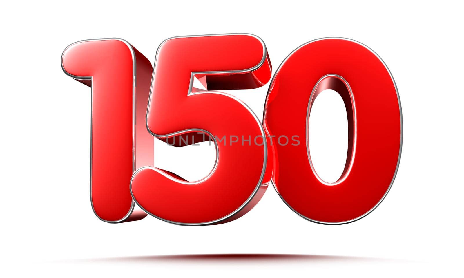 Rounded red numbers 150 on white background 3D illustration with clipping path