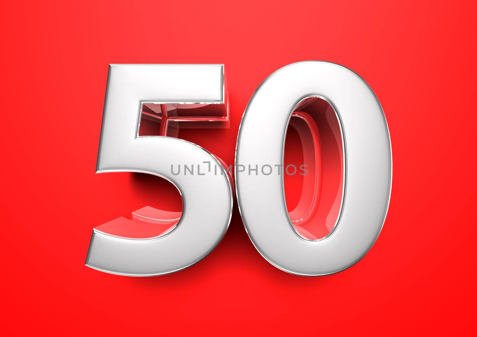 Price tag 50. Anniversary 50. Number 50 3D illustration on a red background.