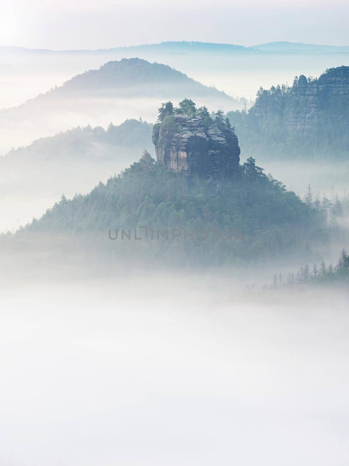 The fabulous Winterstein, also called Hinteres Raubschloss or Raubstein. It is a sandstone rock massif, the butte in the Saxon Switzerland National Park in the Bad Schandau region, Germany
