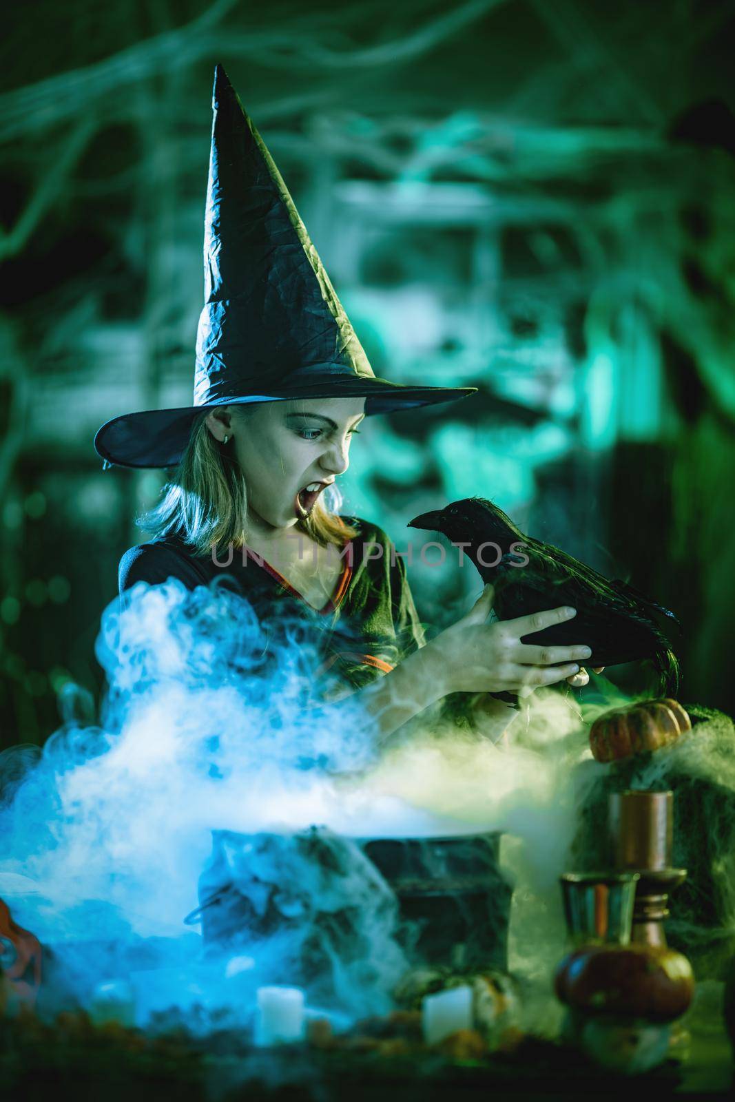 Young witch with awfully face holding magic wand and tells magic words to blackbird in creepy foggy surroundings full of steam.