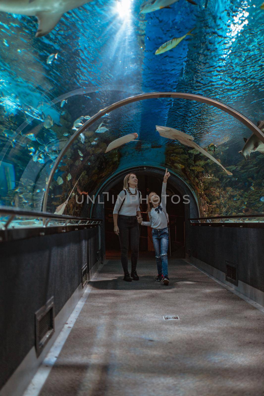 Happy mother and daughter walking through oceanarium tunnel fascinated by ocean world.