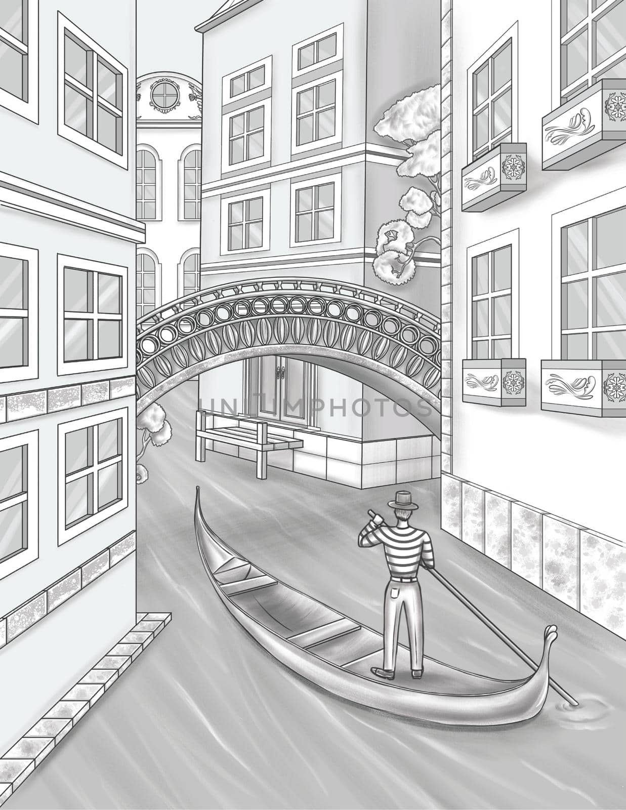 Man Standing On A Canoe Travelling In Canal Waters With Tall Buildings Colorless Line Drawing. Italian Gentleman Navigating Through Water Aqueduct Coloring Book Page. by nialowwa