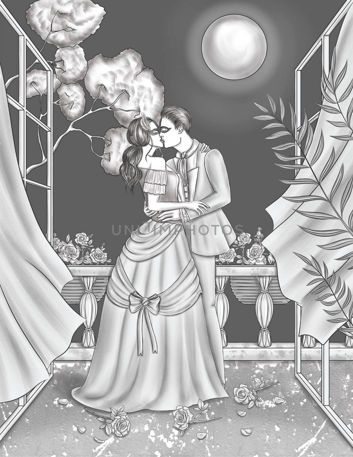 Woman In Dress Masquerade Mask Getting Kissed By A Man In Suit Holding Hugging Each Other Line Drawing. Lady And Gentleman Kiss Under Moon Light On Balcony Coloring Book Page. by nialowwa