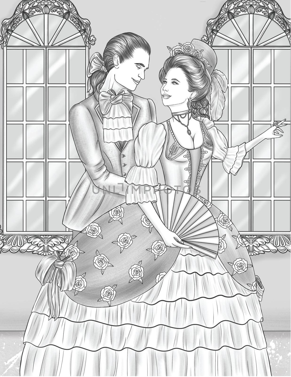 Man And Woman In Vintage Attire Standing Looking At Each Other With Windows Colorless Line Drawing. Lady In Dress Holding Fan Looking At Gentleman In Suit Coloring Book Page. by nialowwa