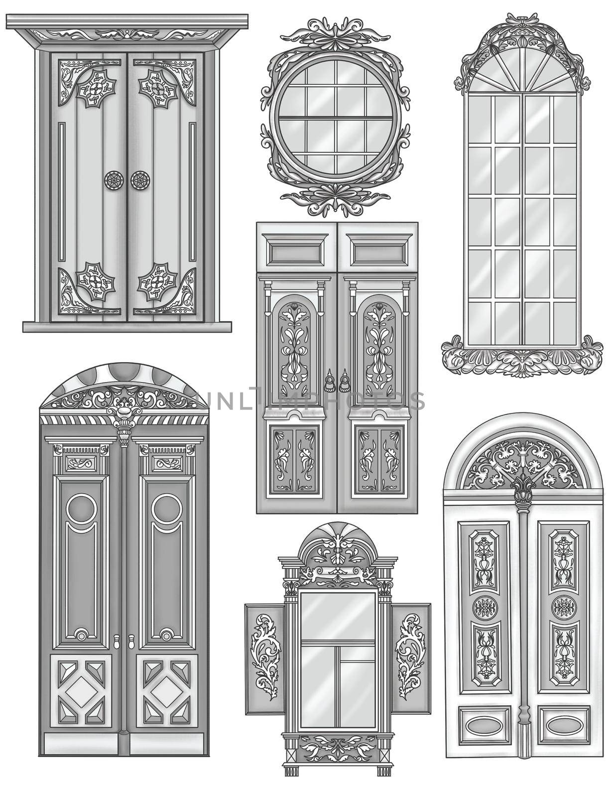 Different Doors And Windows Clasical And Vintage Designs Line Drawings.