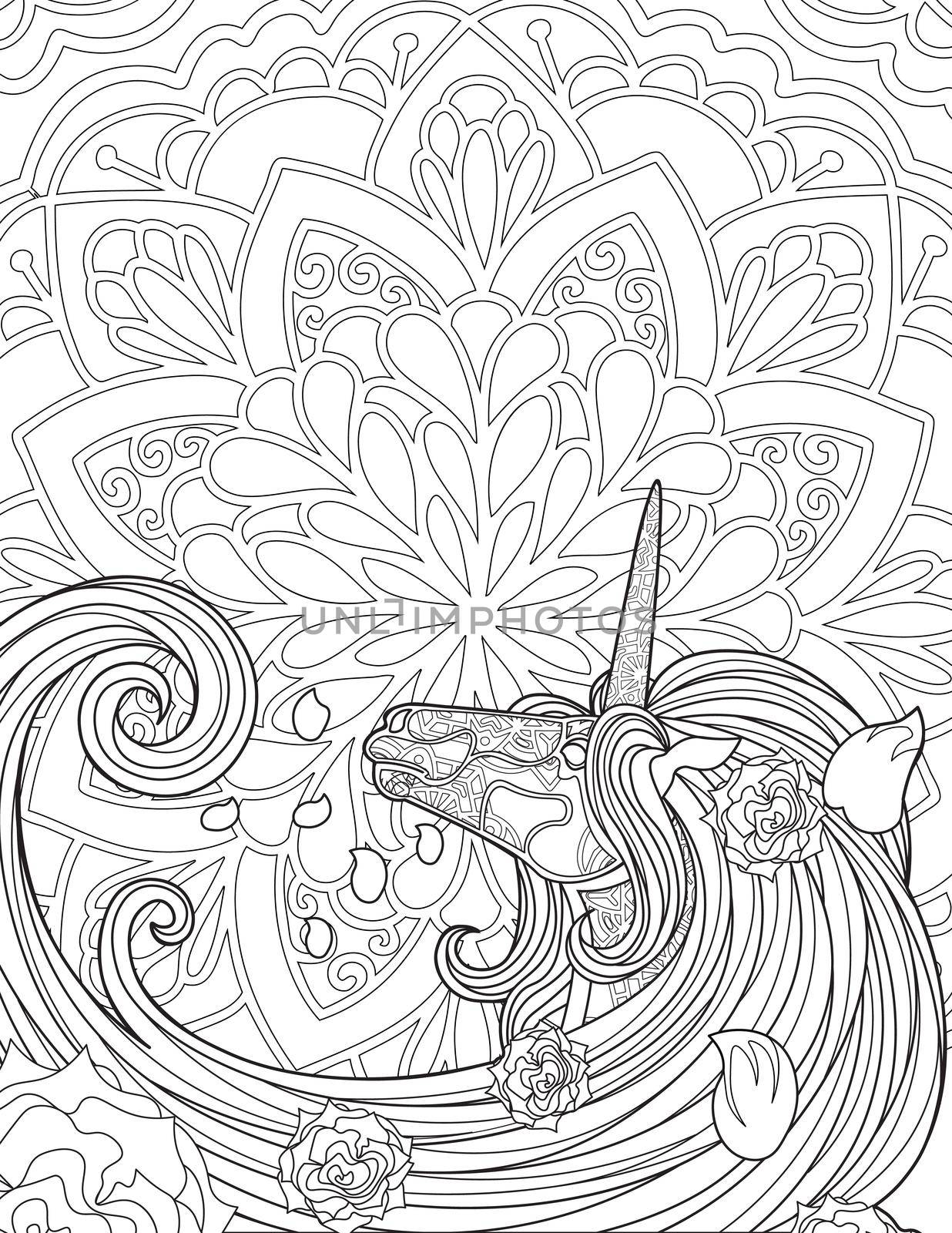 Unicorn Looking Back On A Flower Background With Flowers Over Mane Line Drawing. Mythical Horned Horse Looks Behind Blooming Backdrop Coloring Book Page. by nialowwa