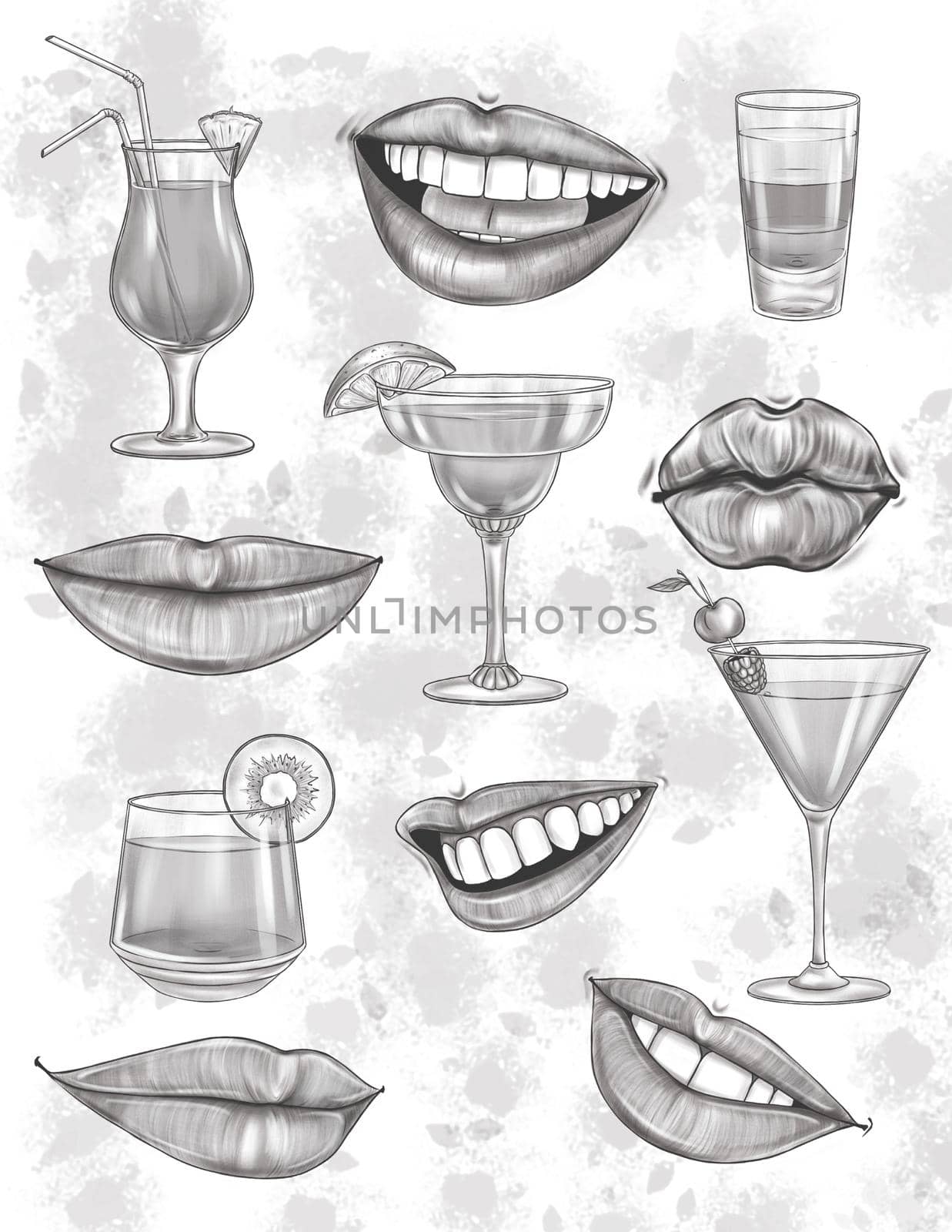 Smiling Lips Expressions With Multiple Drinking Glass Colorless Line Drawing. Different Alcoholic Drink Cups Mouth And Lip Coloring Book Page. by nialowwa