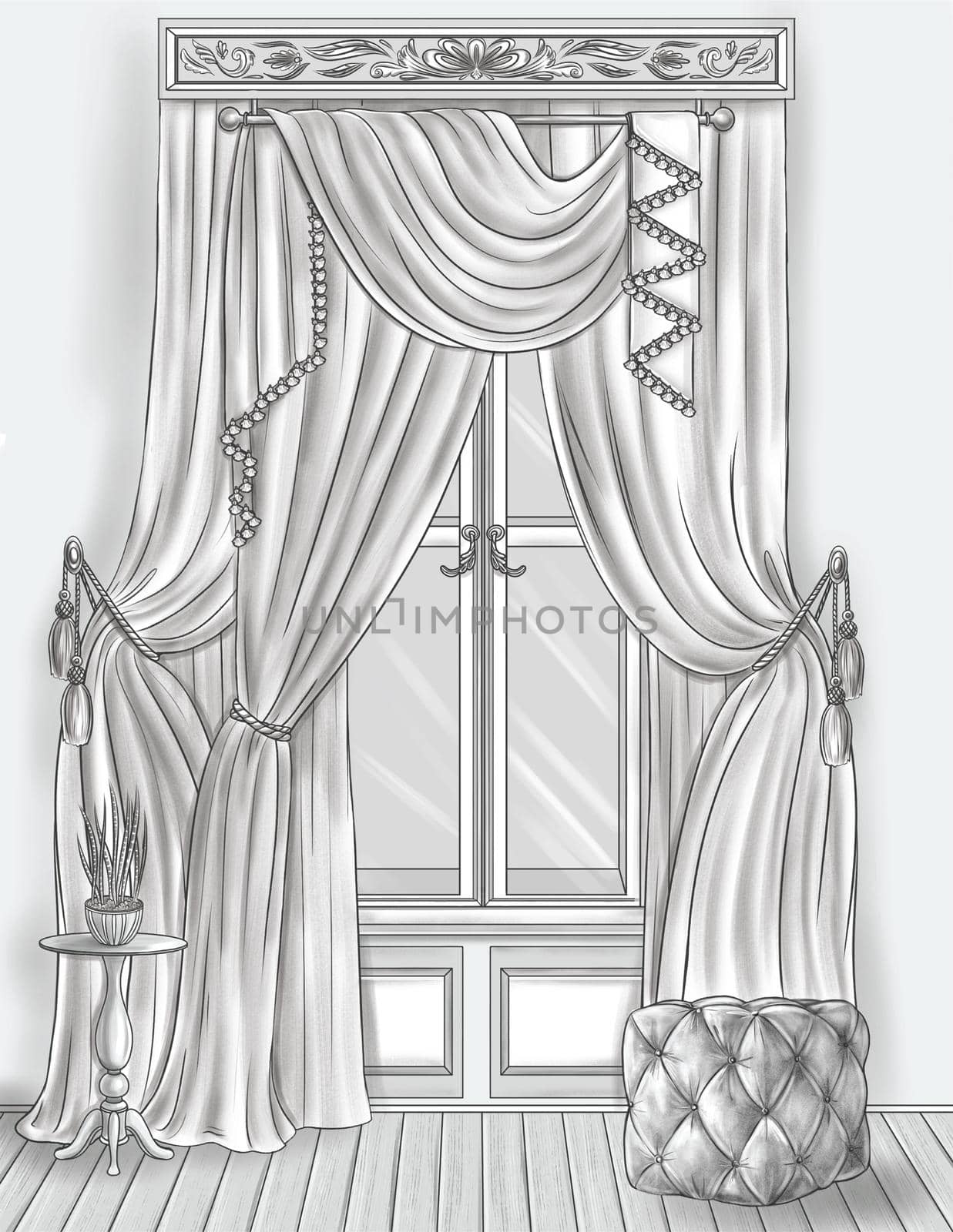 Tall Glass Window Pane With Beautiful Curtain Beside A Plant Vase Placed On A Table Colorless Line Drawing. House Windows With Long Drapes Coloring Book Page. by nialowwa