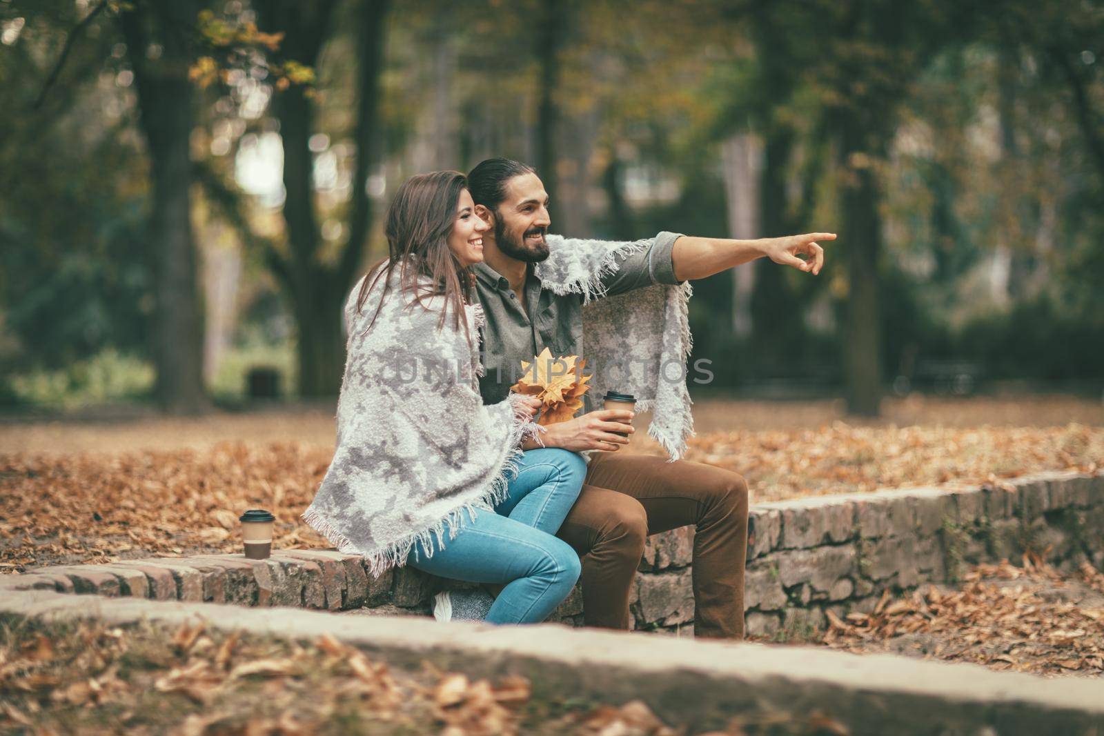 Beautiful smiling couple enjoying in sunny city park in autumn colors looking each other. They are having fun with yellow leaves.