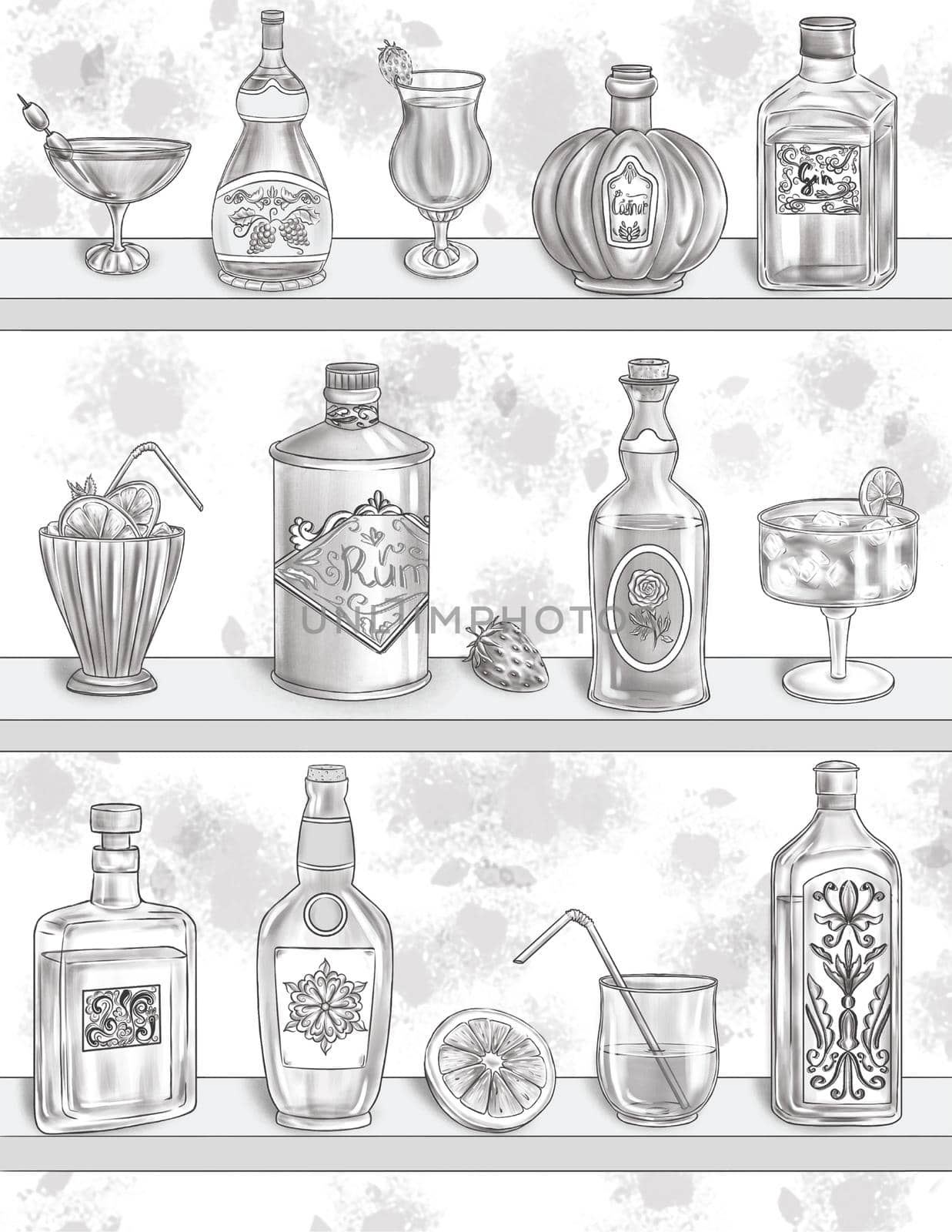 Multiple Alcoholic Bottles With Different Glasses For Each Drink Colorless Line Drawing. Glass Container For Alcohol Beverage Paired With Drinking Cups Coloring Book Page. by nialowwa