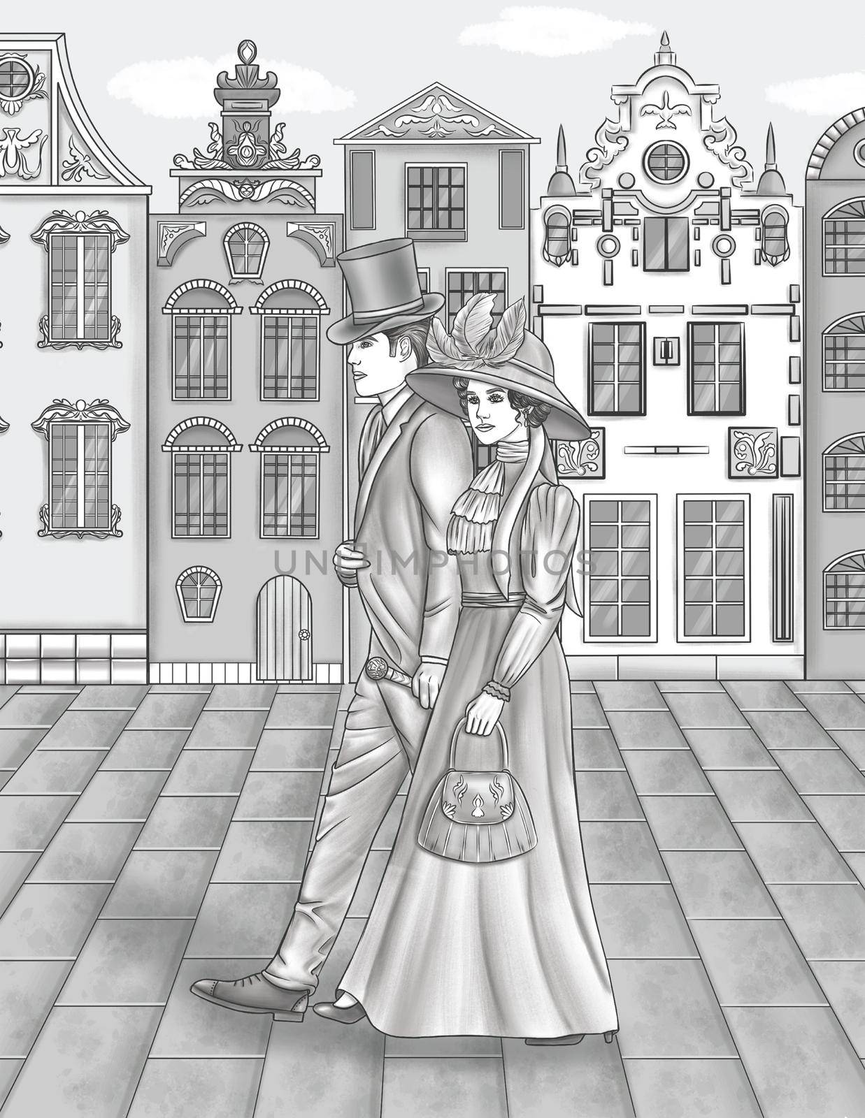 Man In Suit And Woman In Dress Walking On The Streets With Tall Structures Colorless Line Drawing. Lady And Gentleman Walks Pathway Large Buildings Coloring Book Page. by nialowwa