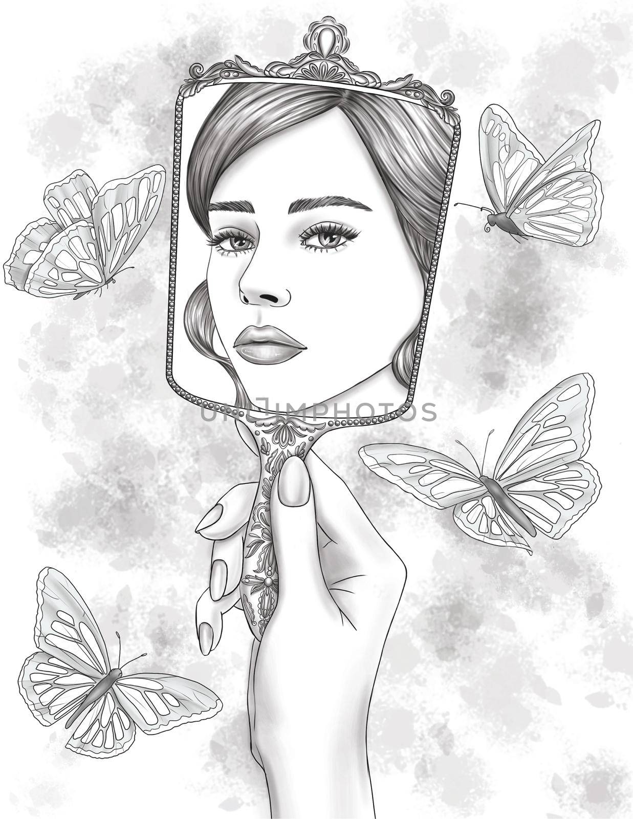 Beautiful Lady Holding Hand Mirror Staring At Her Reflection Beside Four Butterflies Line Drawing. Woman Carrying Glass Looking At Mirrored Image Coloring Book Page. by nialowwa