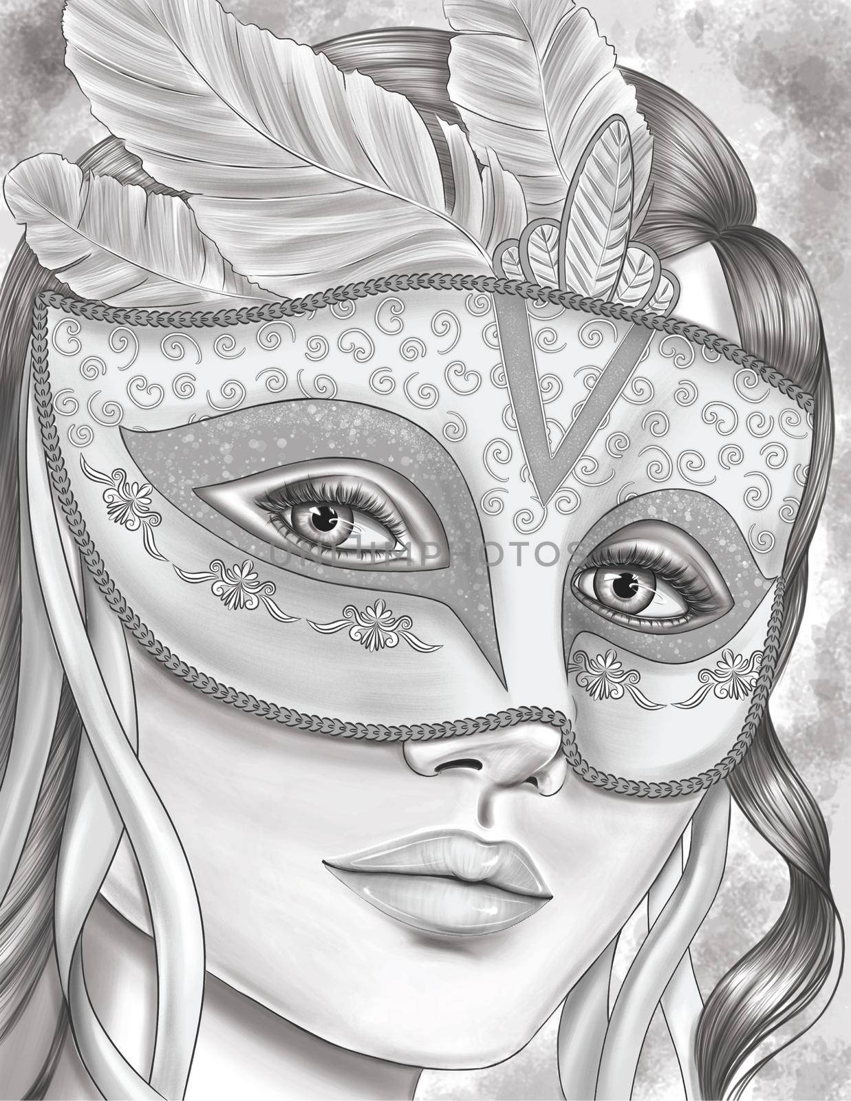Woman In Masquerade Mask With Feathers Colorless Line Drawing.