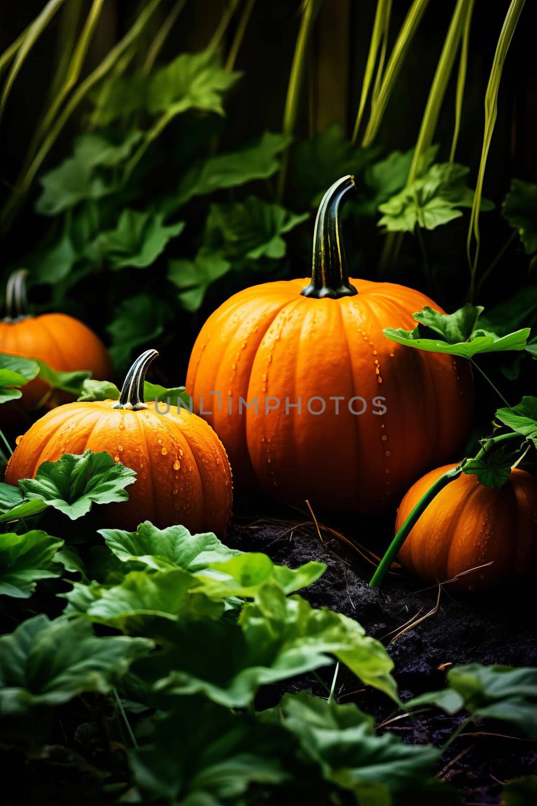 Close-up of ripe orange pumpkins in a field. Autumn, harvest. Selective focus. AI Generated.....