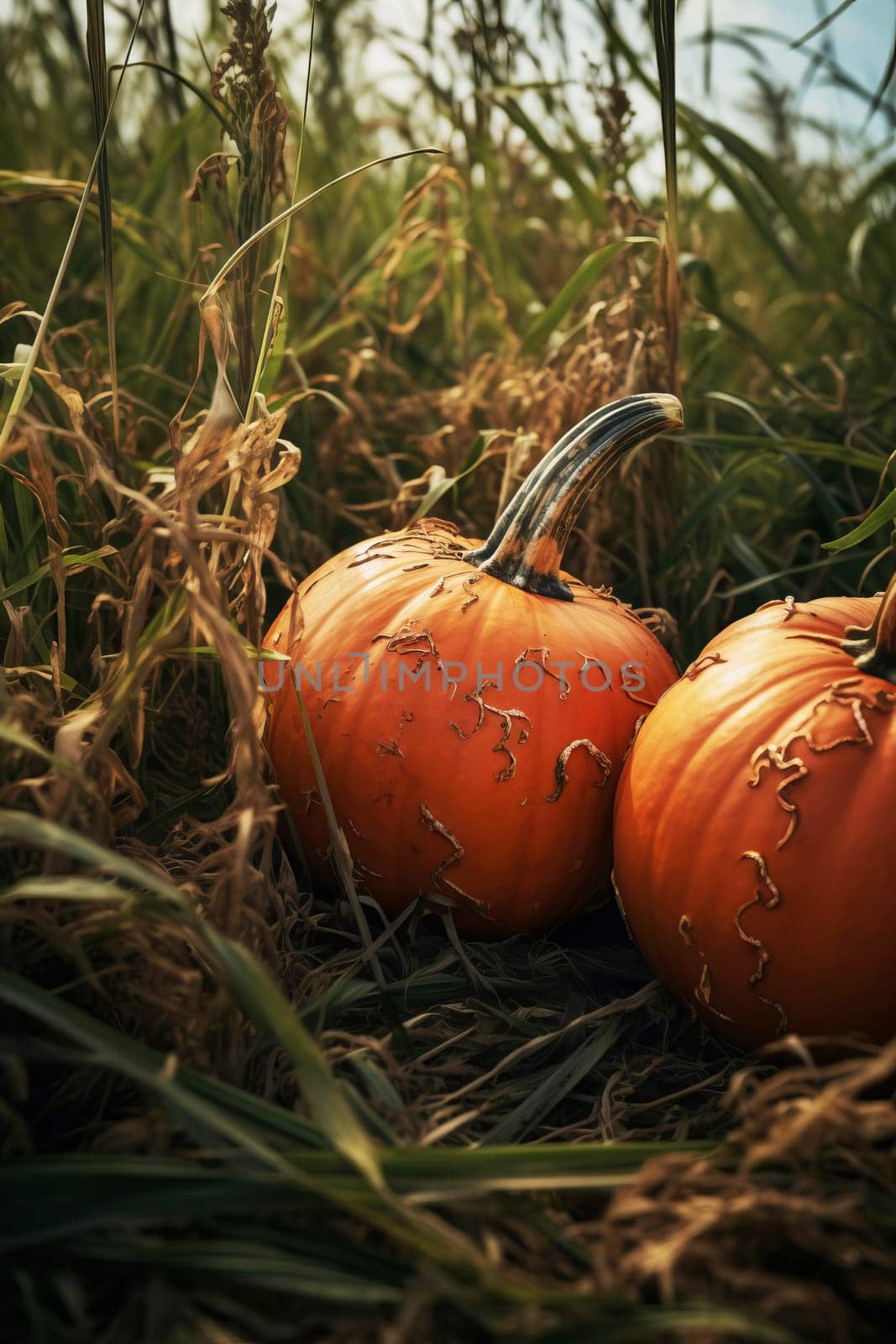 Close-up of ripe orange pumpkins in a field. Autumn, harvest. Selective focus. AI Generated.....