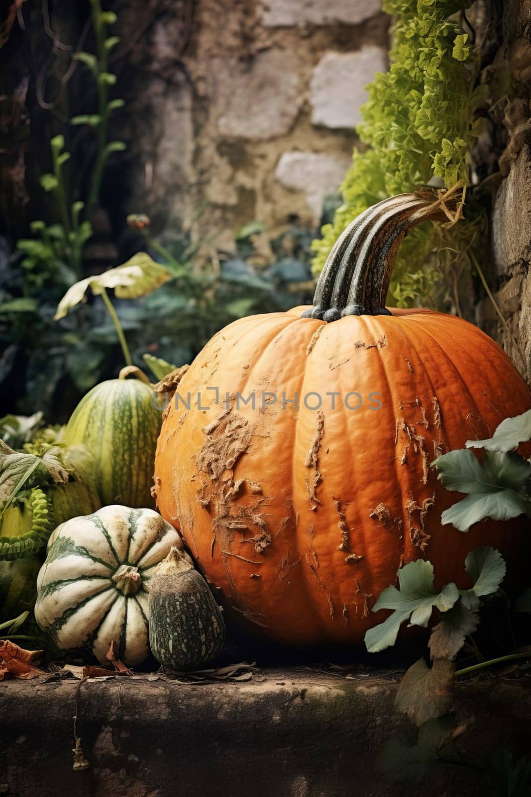 Close-up of ripe orange pumpkins in a field. Autumn, harvest. Selective focus. AI Generated.....