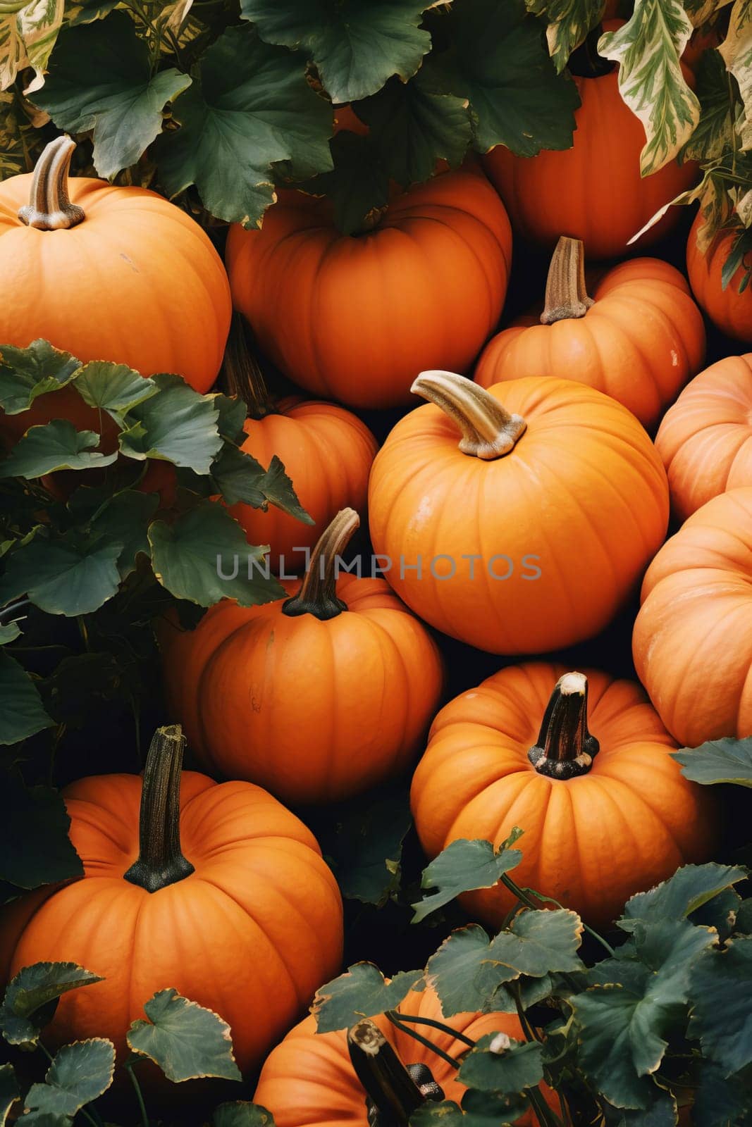 Close-up of ripe orange pumpkins in a field. Autumn, harvest. Selective focus. AI Generated.....