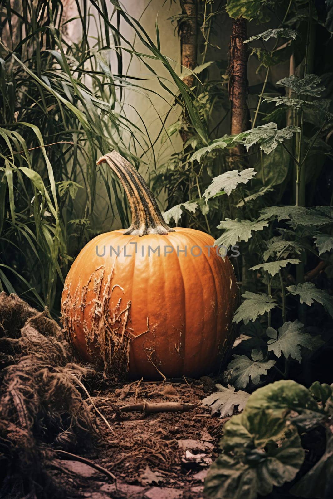 Close-up of ripe orange pumpkins in a field. Autumn, harvest. Selective focus. AI Generated.....