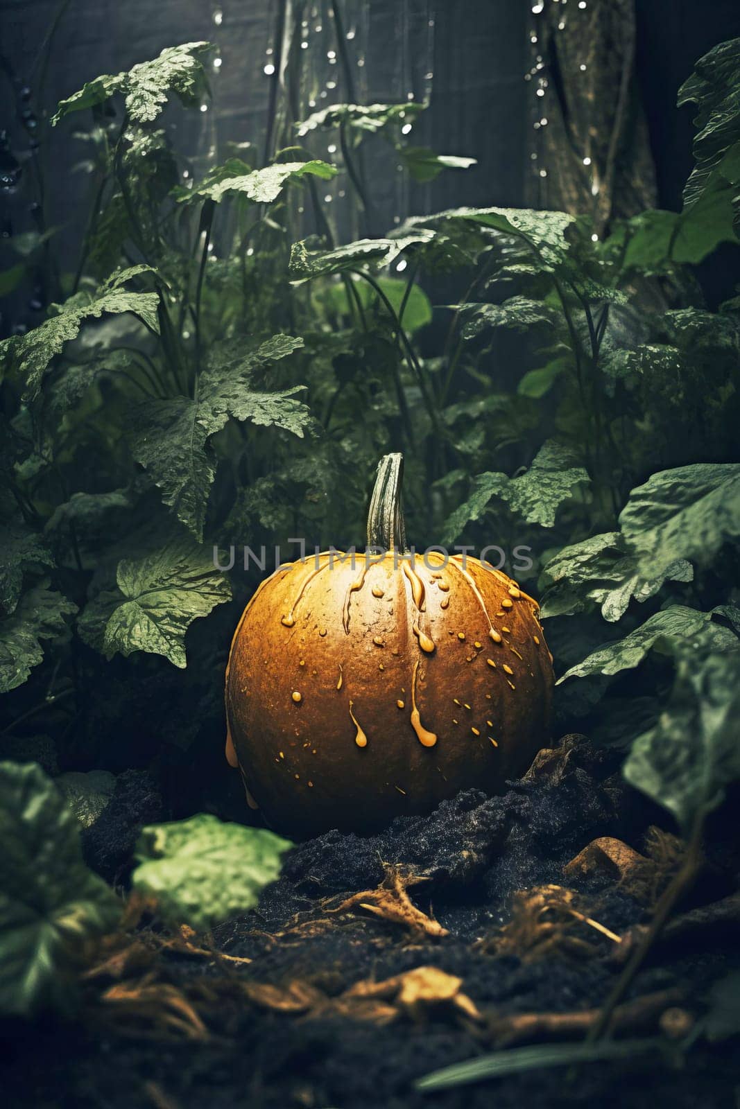 Close-up of ripe orange pumpkins in a field. Autumn, harvest. Selective focus. AI Generated.....