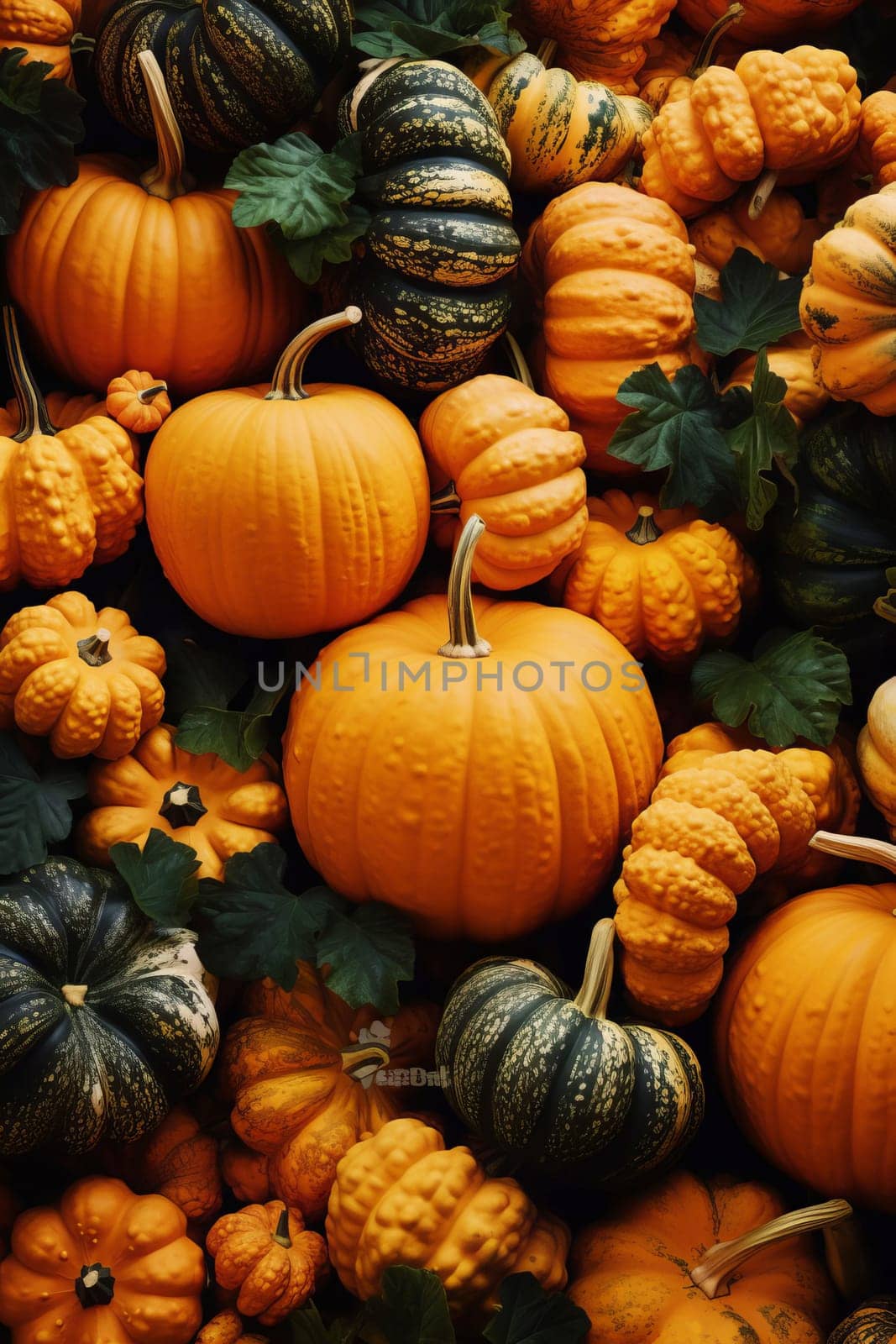 Close-up of ripe orange pumpkins in a field. Autumn, harvest. Selective focus. AI Generated.....