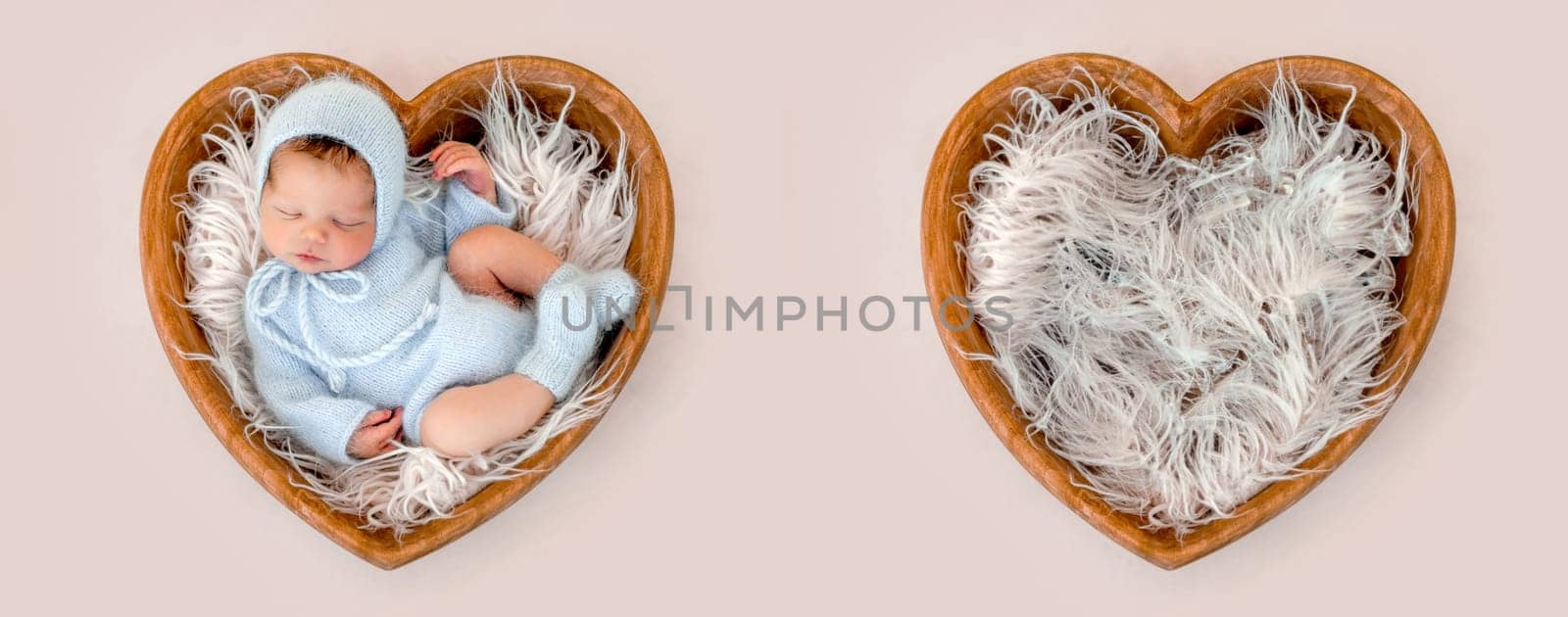 Newborn baby boy sleeping wearing knitted costume and hat in tiny heart shape bed. Infant kid studio portrait with fur. Collage mix with infant and studio furniture for kid photoshoot