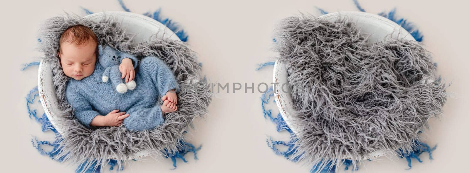 Sweet newborn with toy resting in a white round cradle. Collage mix with infant and studio furniture for kid photoshoot