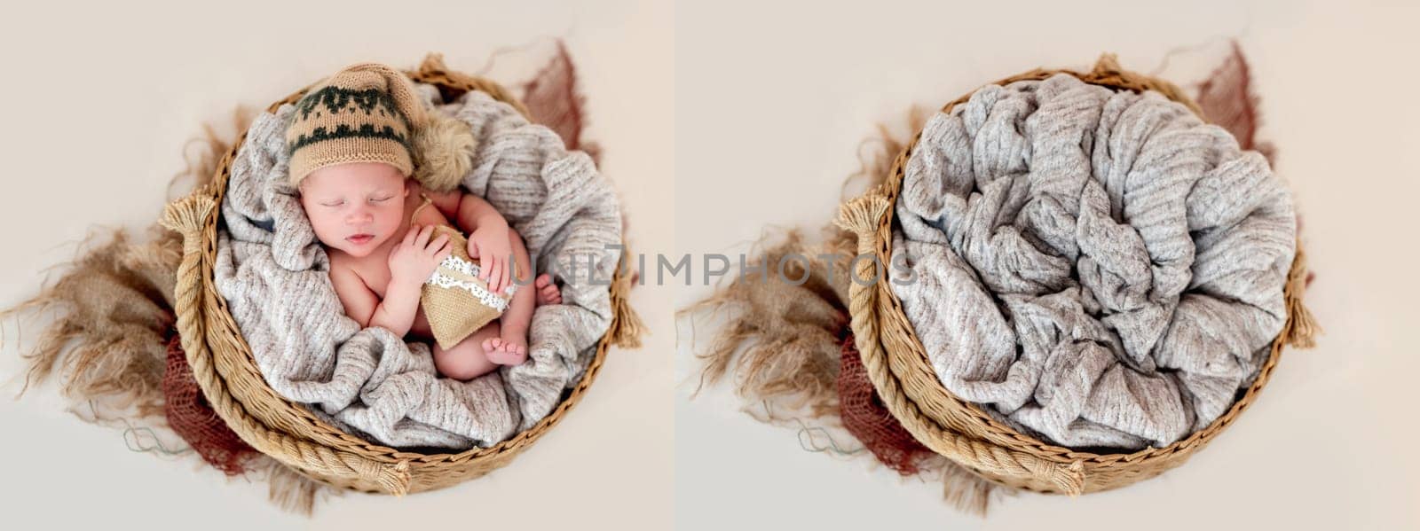 Sweet newborn with toy resting in a white round cradle. Collage mix with infant and studio furniture for kid photoshoot