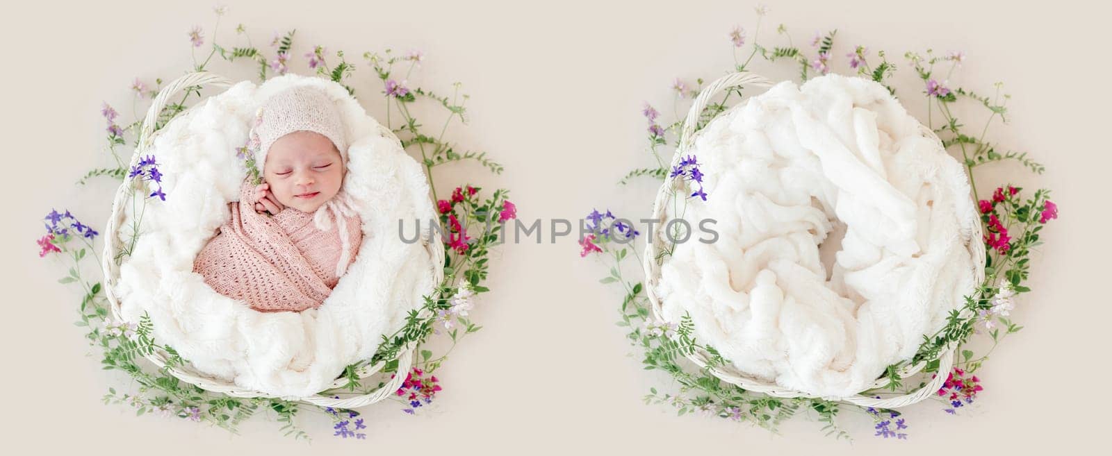 Sleeping newborn baby girl wrapped in a basket with flowers. Collage mix with infant and studio furniture for kid photoshoot
