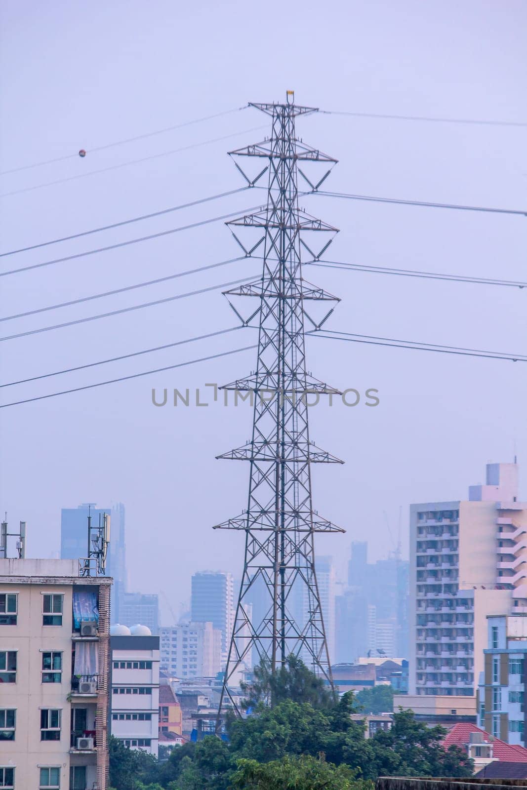 High voltage electric poles in downtown Bangkok, Thailand