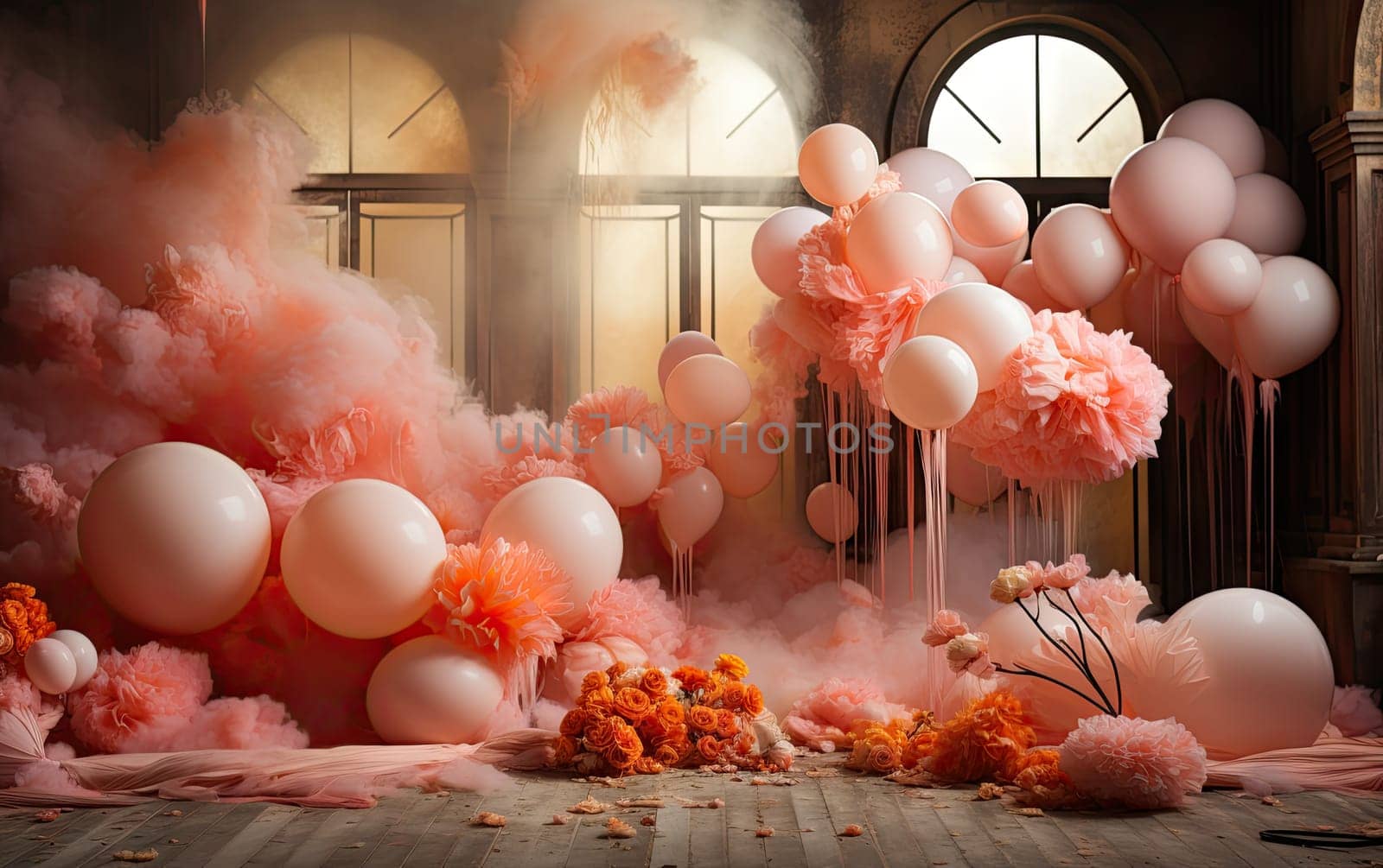 Maternity background or elegant wedding backdrop Mansion hall ballroom interior with pink flower decorations and balloons. by jbruiz78