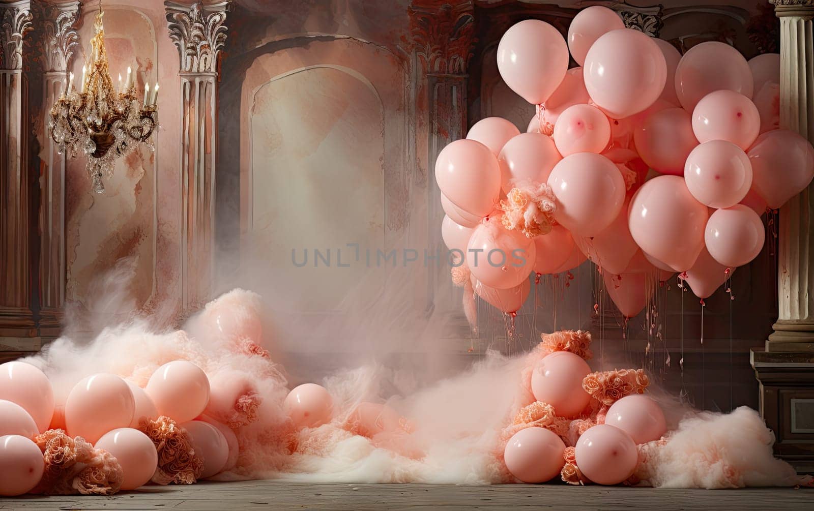 Maternity background or elegant wedding backdrop Mansion hall ballroom interior with pink flower decorations and balloons. by jbruiz78