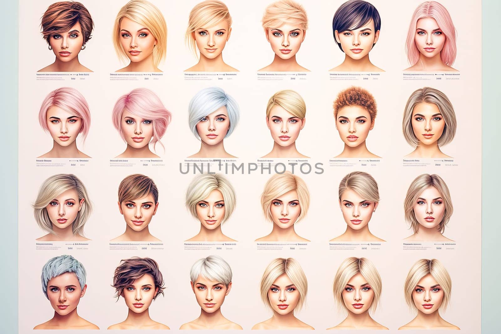 Catalog with examples of women's haircuts and coloring. High quality illustration